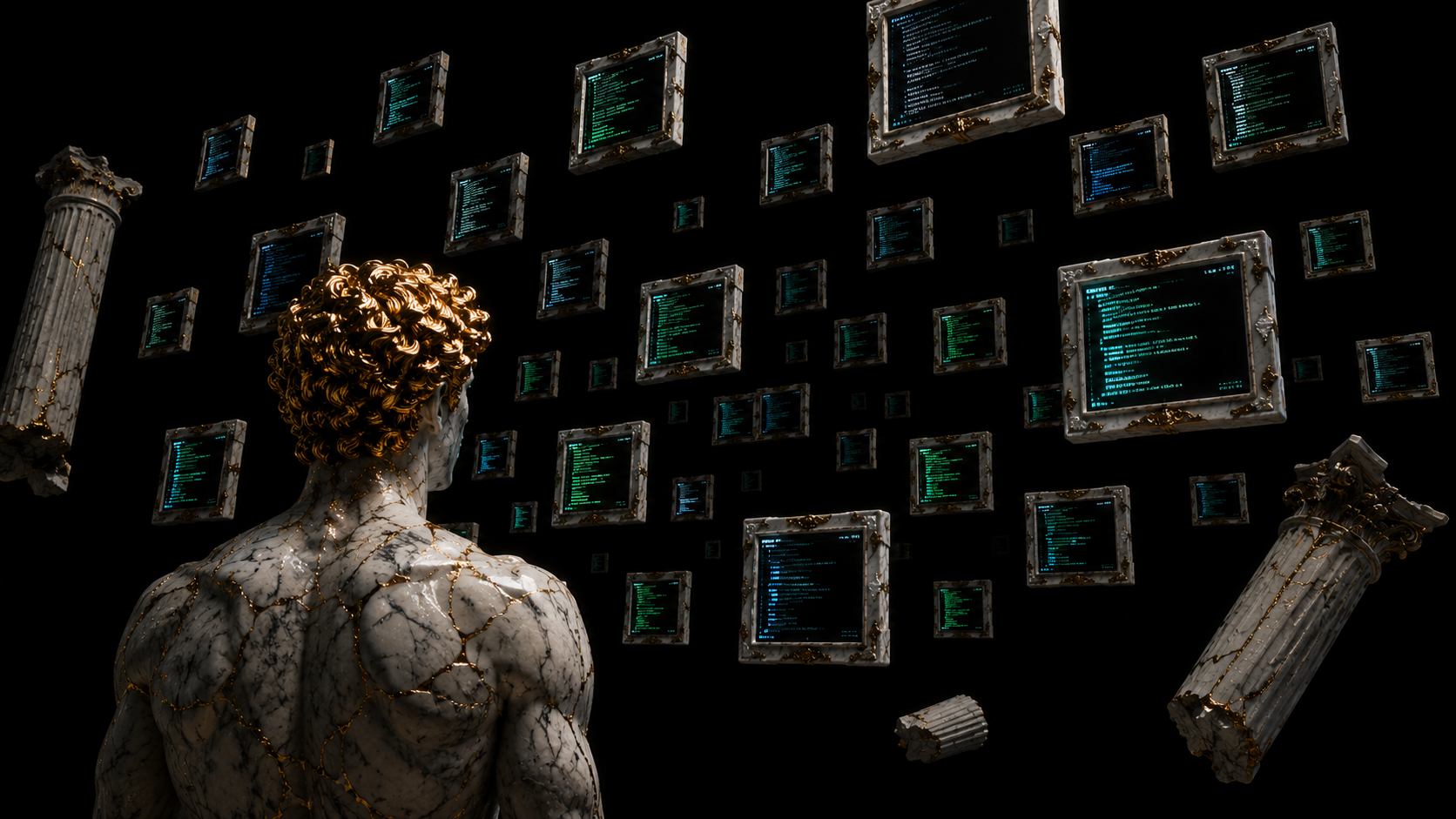 The marble statue, seen from behind, facing a wall of floating marble-framed monitors full of code